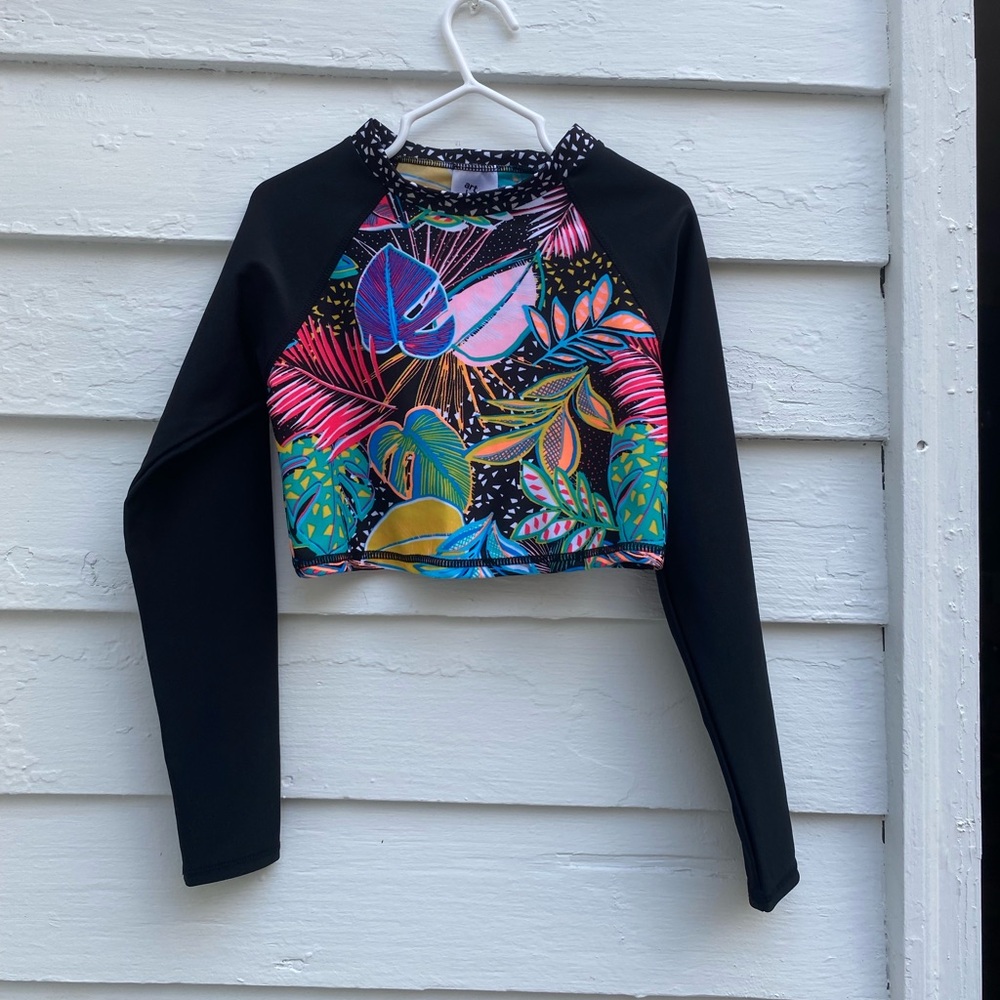 Art Class Black and Vibrant Tropical Flowers Swim Rash Guard Swim Top Swimming